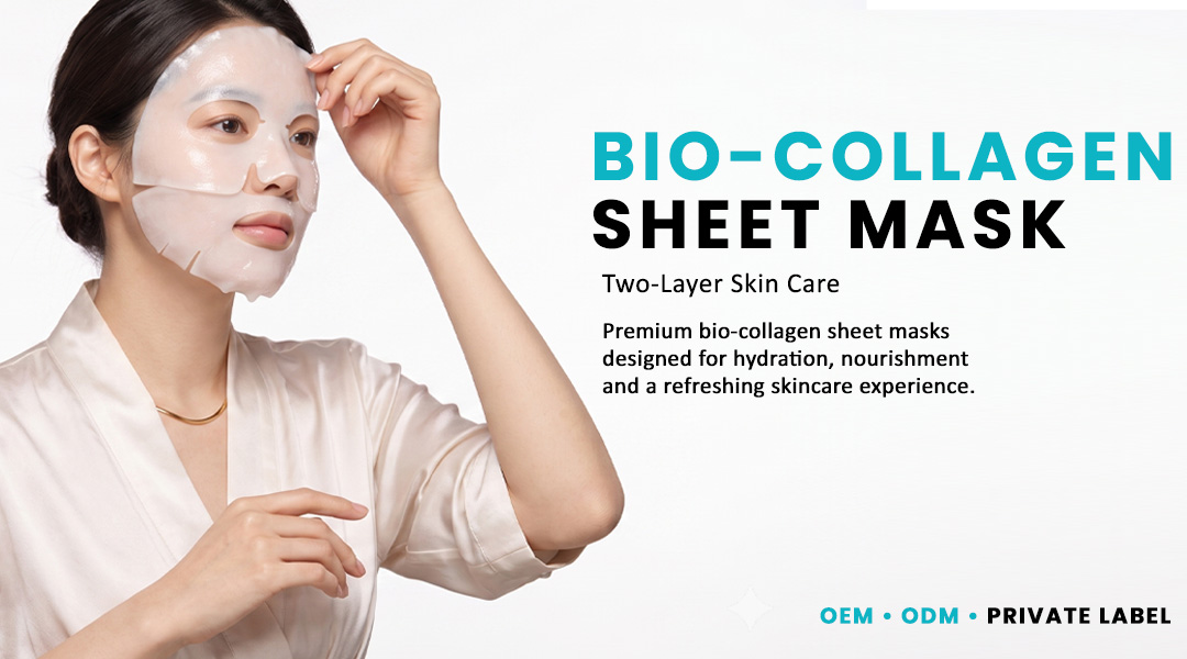 Woman applying a bio collagen facial sheet mask for skincare
