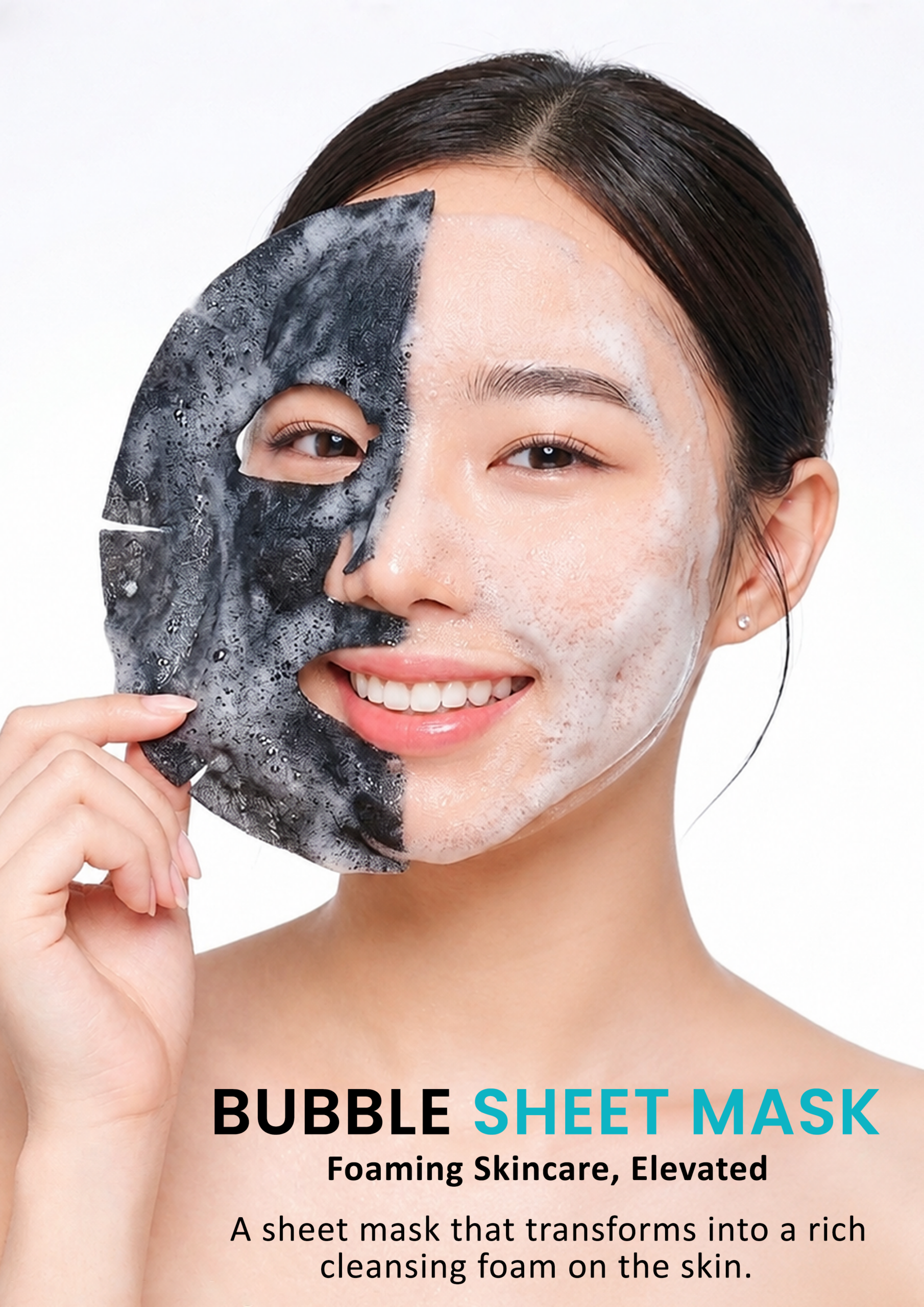 Charcoal Bubble Sheet Mask for Cleansing Woman removing a charcoal bubble sheet mask after cleansing