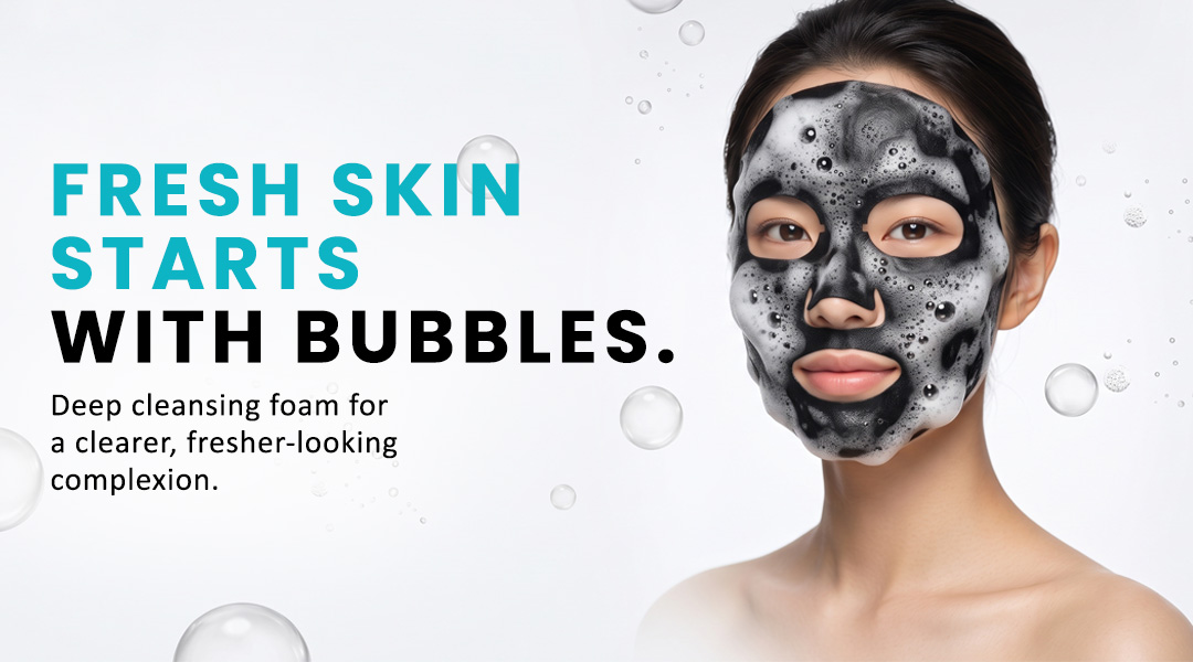 Charcoal bubble sheet mask creating cleansing bubbles on the face