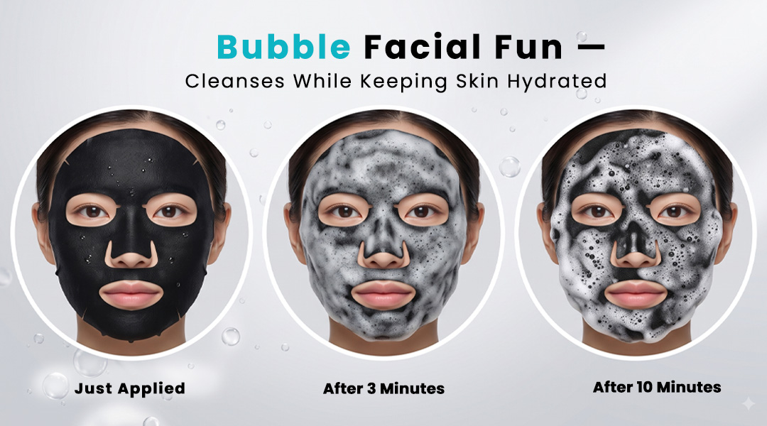 Charcoal bubble sheet mask showing bubbling action before and after application