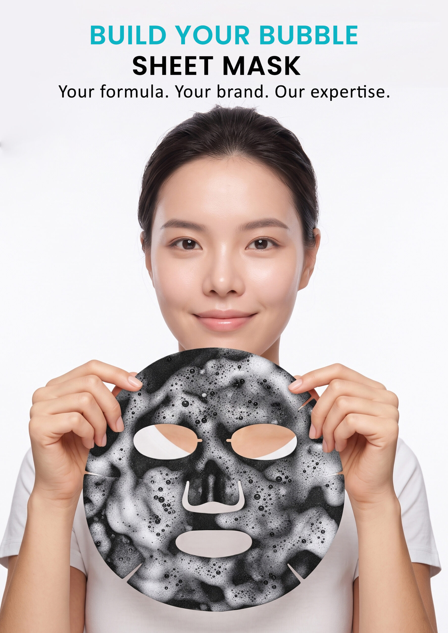 Custom Charcoal Bubble Sheet Mask Manufacturing Woman holding a charcoal bubble sheet mask for private label skincare