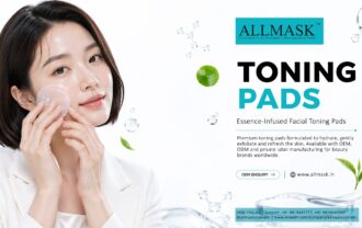Model applying a textured facial toning pad to her cheek next to water bubbles and centella asiatica leaves.