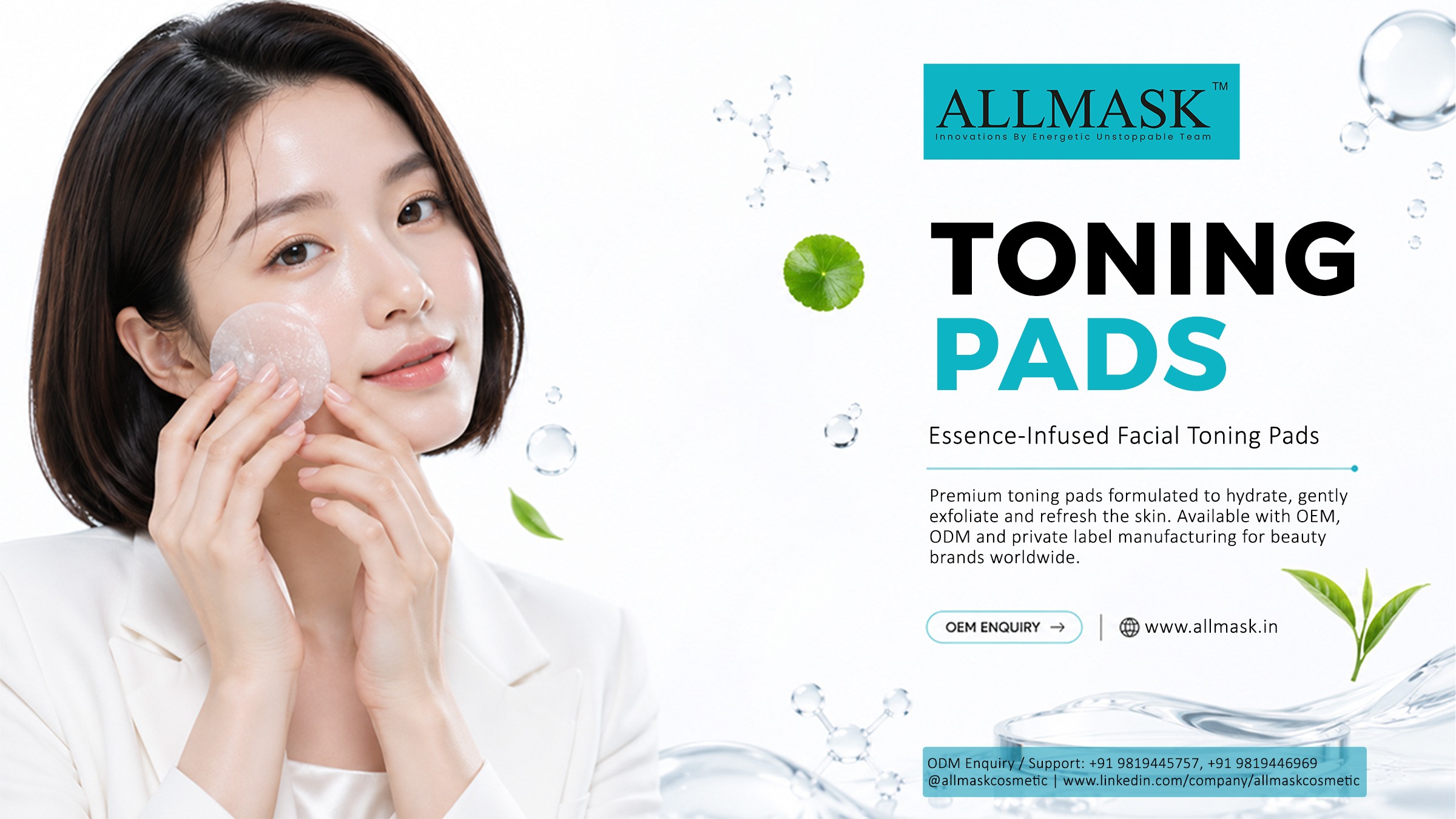 Model applying a textured facial toning pad to her cheek next to water bubbles and centella asiatica leaves.