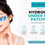 Model wearing cooling blue hydrogel under eye patches for puffiness care and skin brightening.