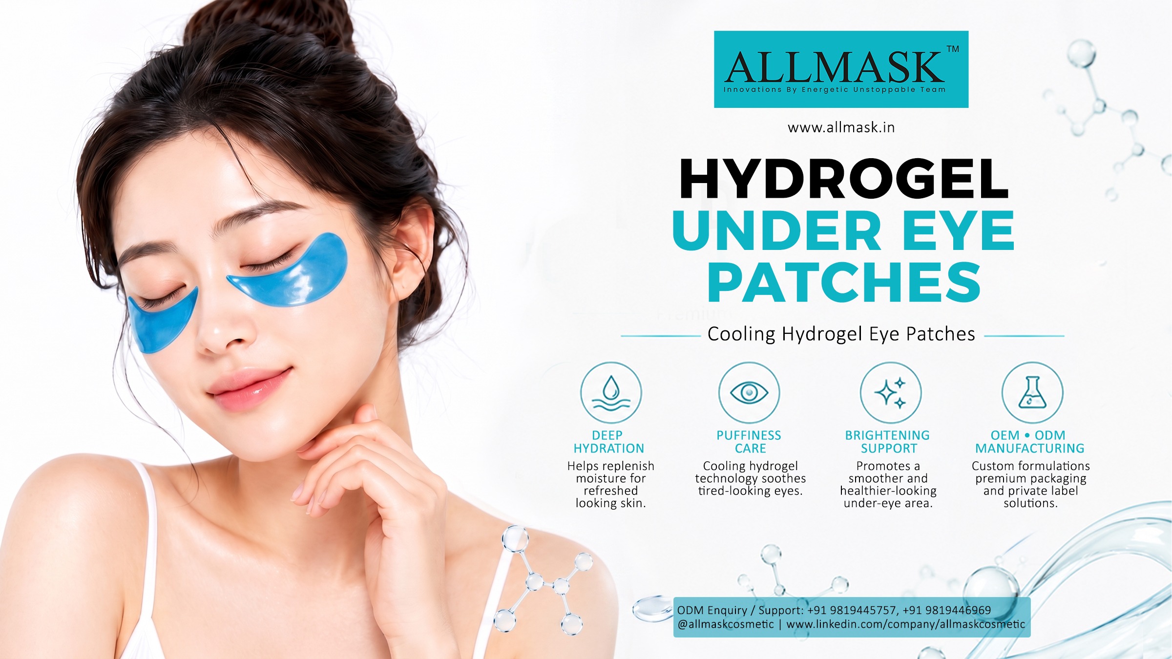 Model wearing cooling blue hydrogel under eye patches for puffiness care and skin brightening.