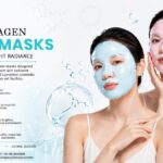 Two models wearing colorful bio-collagen sheet masks for advanced overnight radiance and skin barrier nourishment.