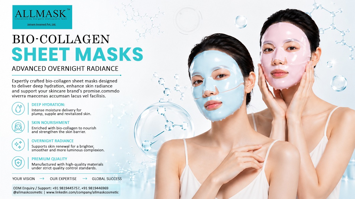 Two models wearing colorful bio-collagen sheet masks for advanced overnight radiance and skin barrier nourishment.