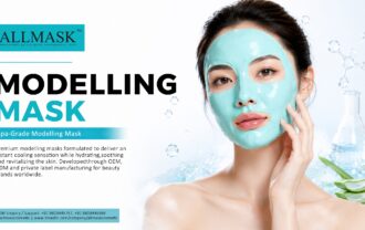 Model wearing a light blue spa-grade modelling peel-off mask against a background of water splashes and aloe vera.