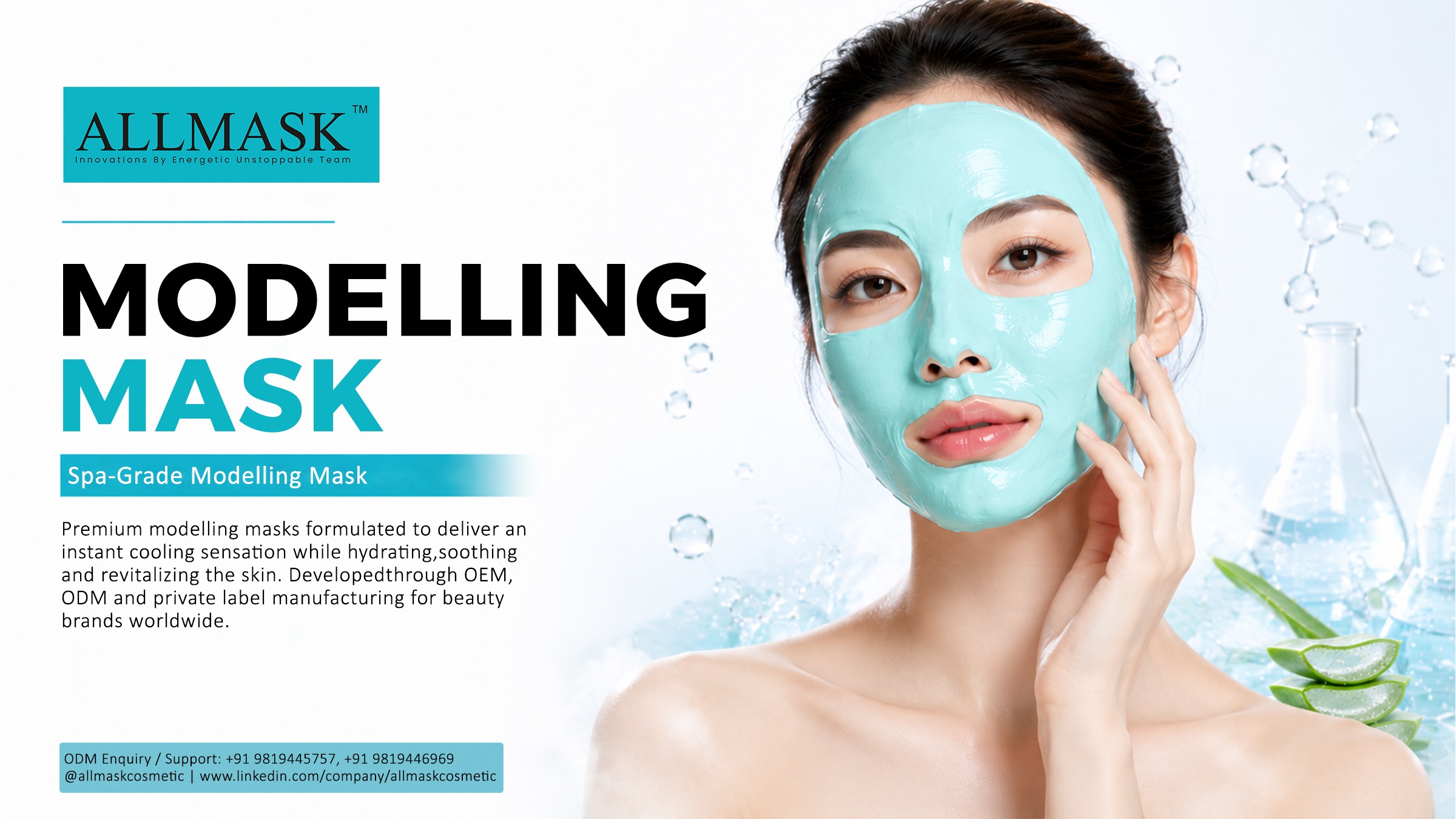 Model wearing a light blue spa-grade modelling peel-off mask against a background of water splashes and aloe vera.