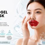 Model wearing a red hydrogel lip mask for intense hydration and plumping care by Allmask cosmetic manufacturing.