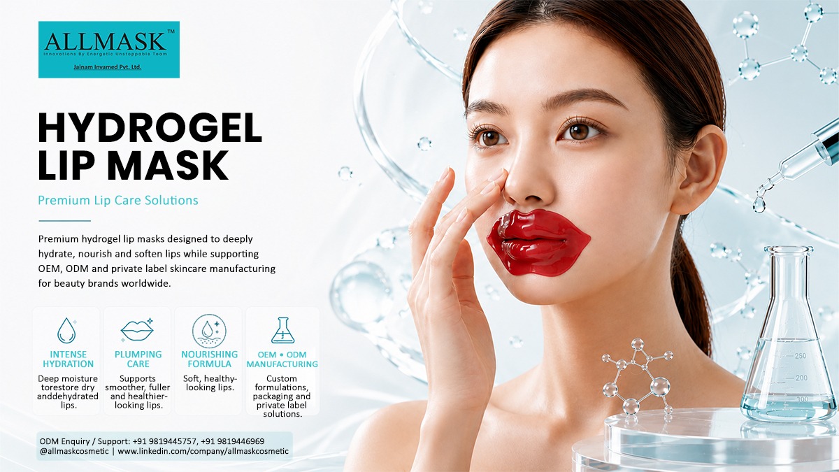 Model wearing a red hydrogel lip mask for intense hydration and plumping care by Allmask cosmetic manufacturing.