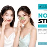 Three models demonstrating black, white, and green deep cleansing pore nose strips by Allmask.