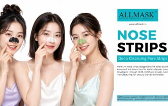 Three models demonstrating black, white, and green deep cleansing pore nose strips by Allmask.