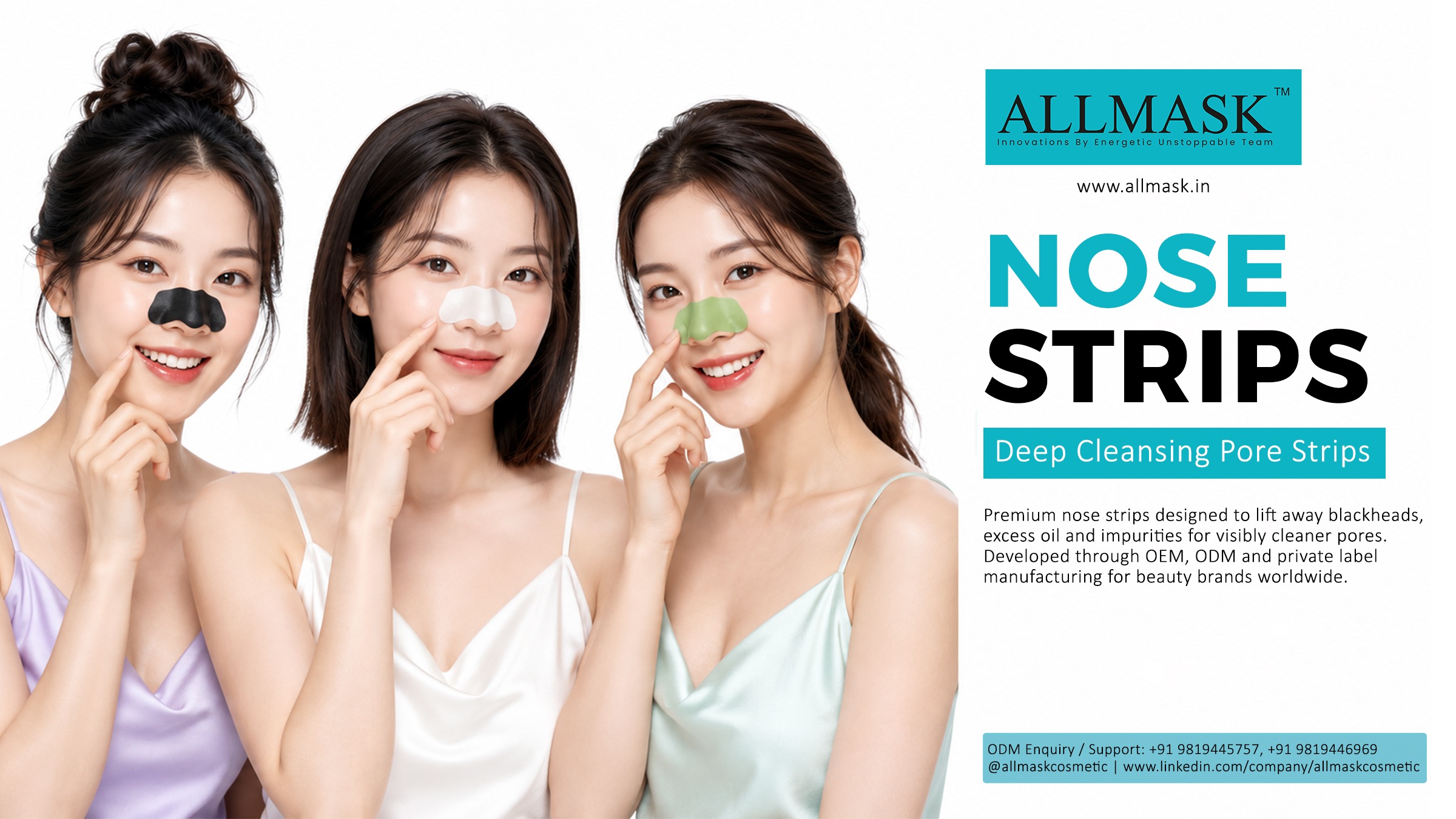 Three models demonstrating black, white, and green deep cleansing pore nose strips by Allmask.