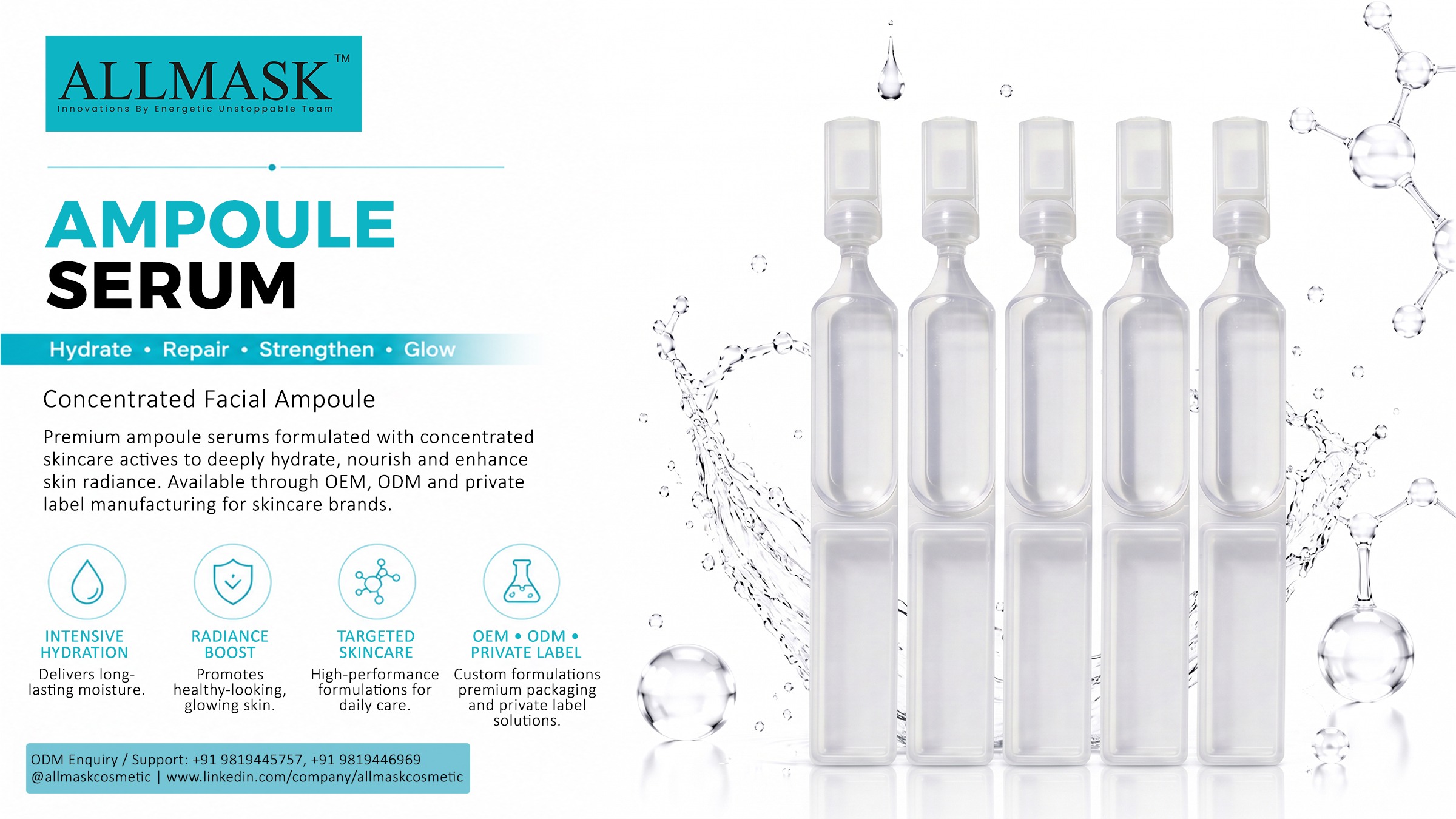 Five clear plastic concentrated facial ampoule serum vials displayed against a water droplet background.