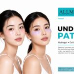 Three models demonstrating white, pink, and purple hydrogel, collagen, and bio-cellulose under-eye patches by Allmask.