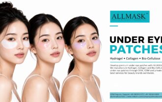 Three models demonstrating white, pink, and purple hydrogel, collagen, and bio-cellulose under-eye patches by Allmask.