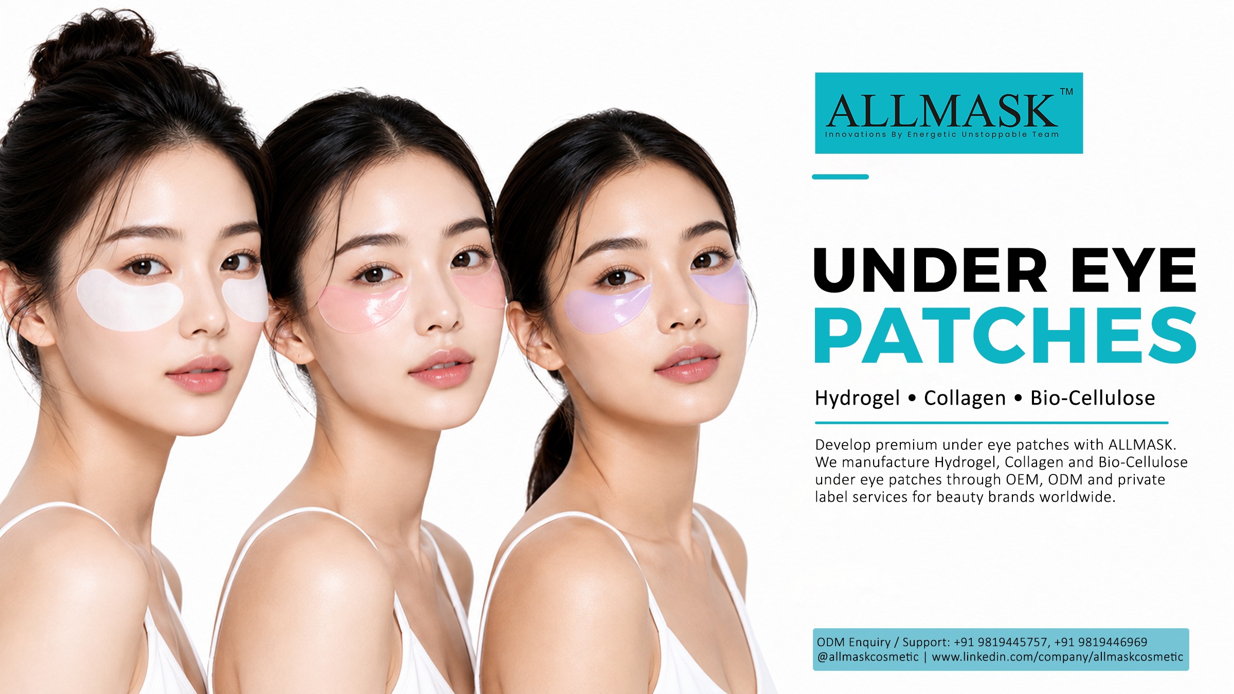 Three models demonstrating white, pink, and purple hydrogel, collagen, and bio-cellulose under-eye patches by Allmask.
