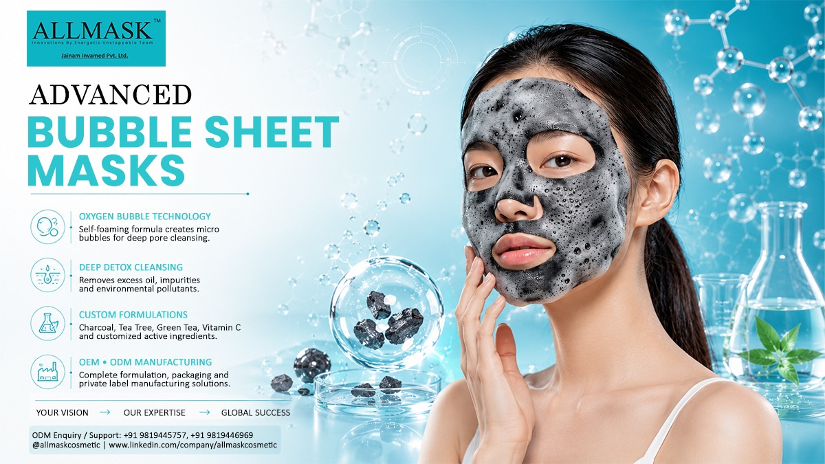 Charcoal bubble sheet mask applied to a model's face illustrating self-foaming deep pore cleansing technology by Allmask.