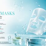 Semi-transparent hydrogel facial sheet mask dripping with hydrating serum over laboratory glassware.
