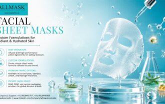 Semi-transparent hydrogel facial sheet mask dripping with hydrating serum over laboratory glassware.