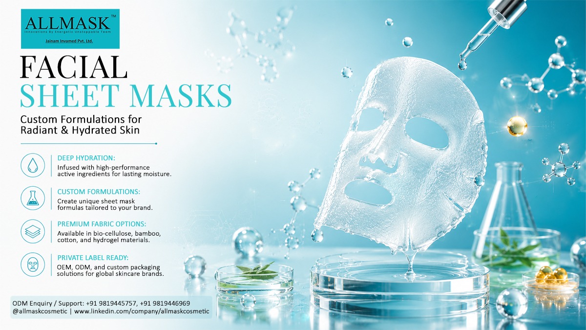 Semi-transparent hydrogel facial sheet mask dripping with hydrating serum over laboratory glassware.