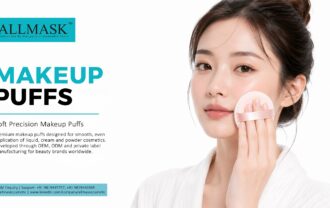Model applying cosmetic powder with a soft precision pink makeup puff by Allmask cosmetics.