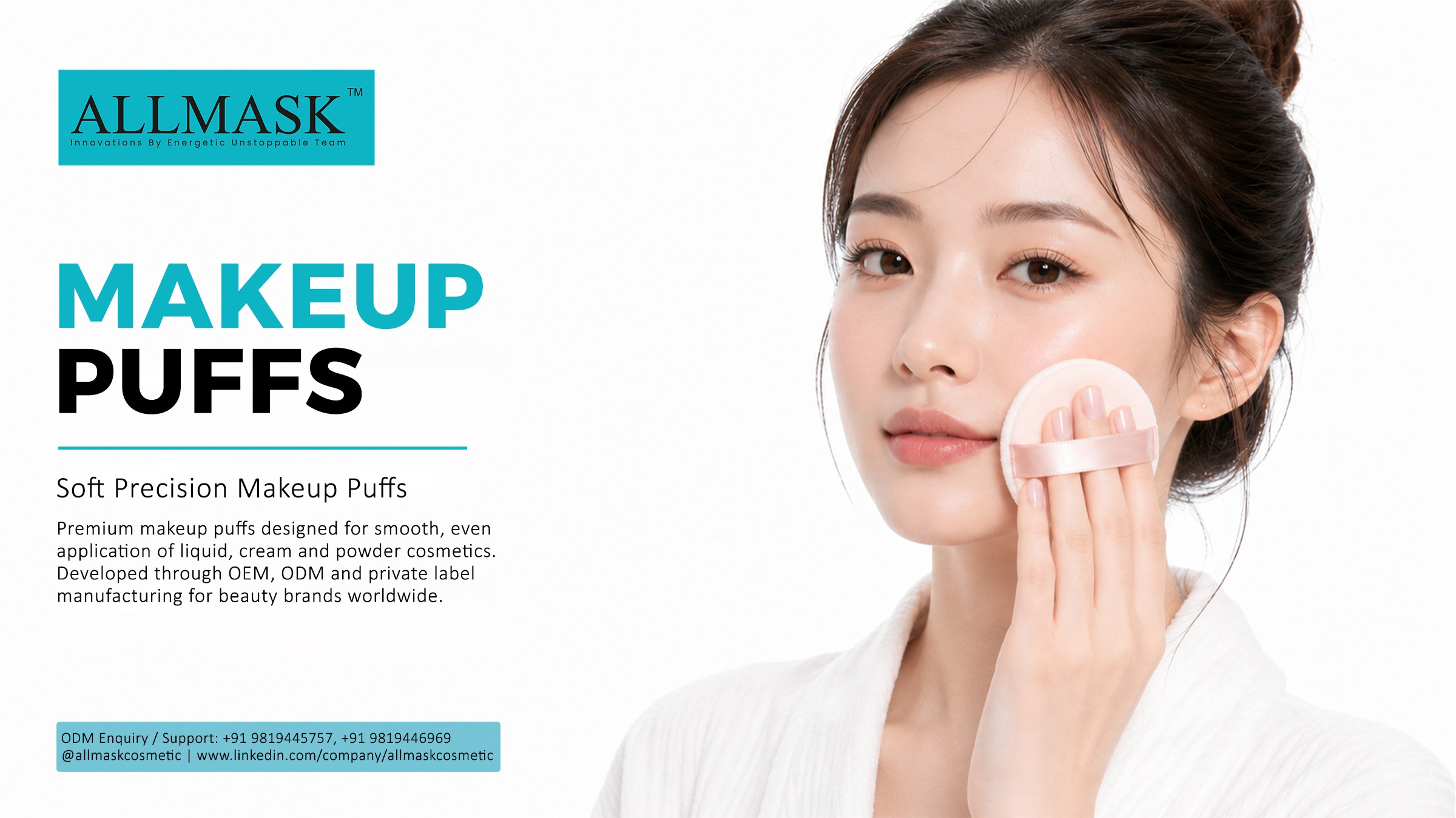 Model applying cosmetic powder with a soft precision pink makeup puff by Allmask cosmetics.