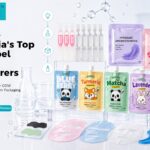 ALLMASK private label skincare manufacturer product display with facial sheets, masks, and cosmetic laboratory equipment
