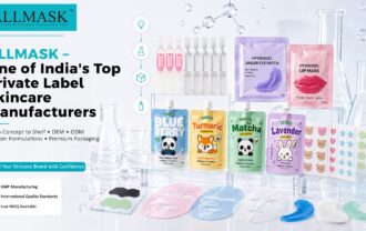 ALLMASK private label skincare manufacturer product display with facial sheets, masks, and cosmetic laboratory equipment