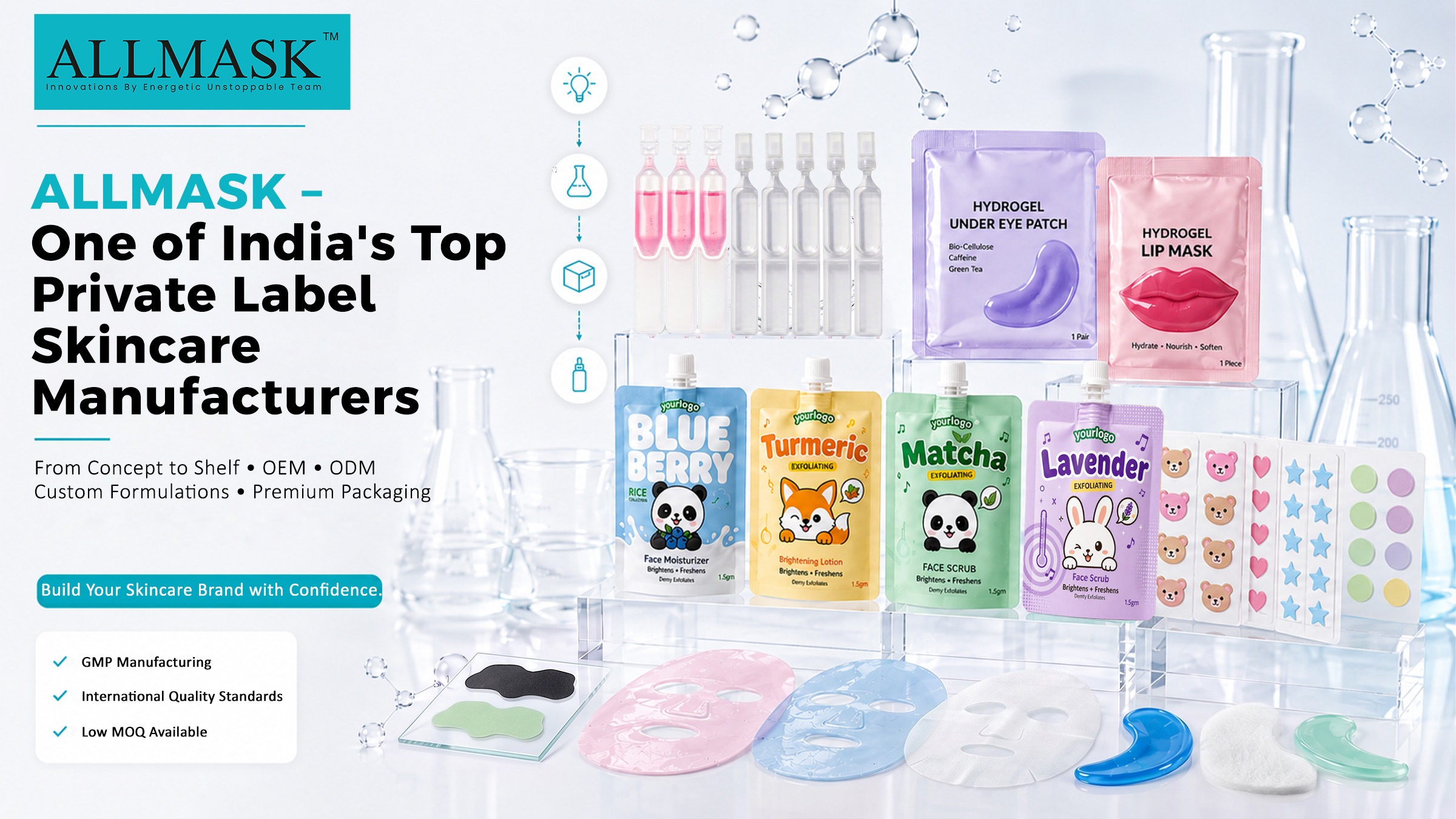 ALLMASK private label skincare manufacturer product display with facial sheets, masks, and cosmetic laboratory equipment