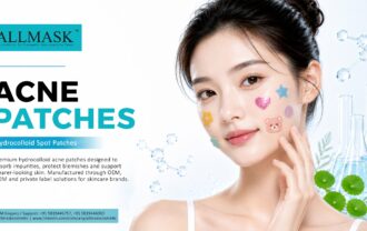 Model displaying colorful decorative hydrocolloid acne spot patches on her cheek by Allmask contract manufacturing.