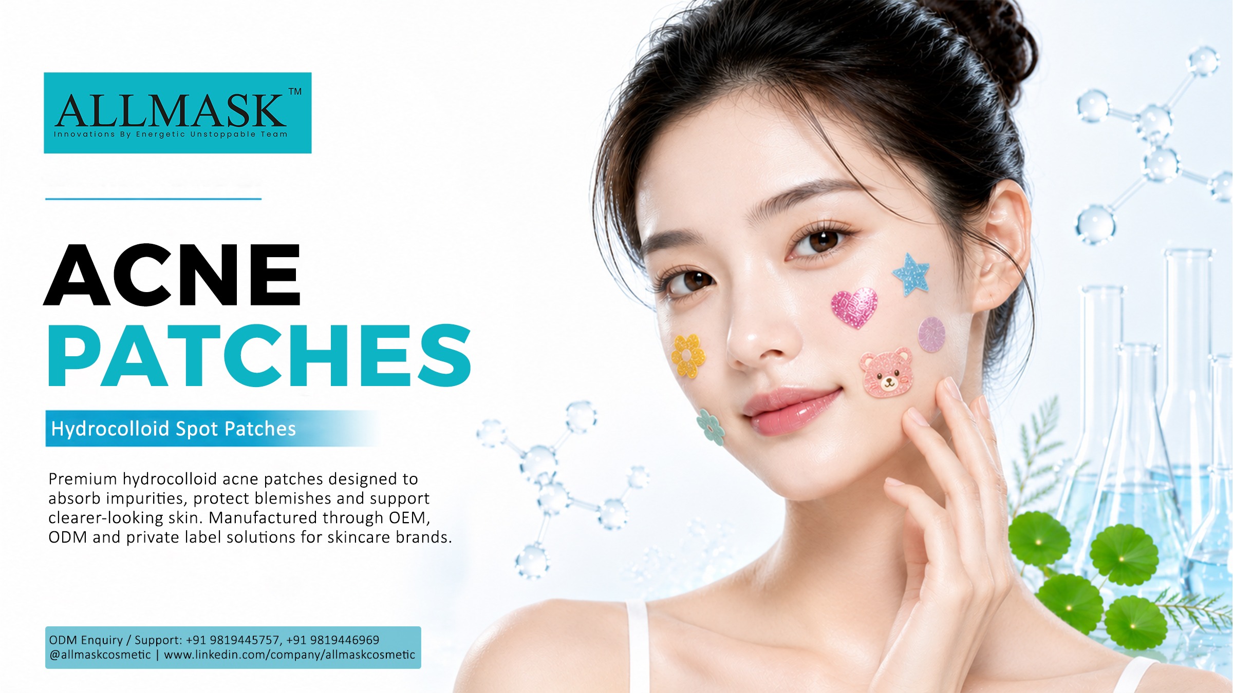 Model displaying colorful decorative hydrocolloid acne spot patches on her cheek by Allmask contract manufacturing.