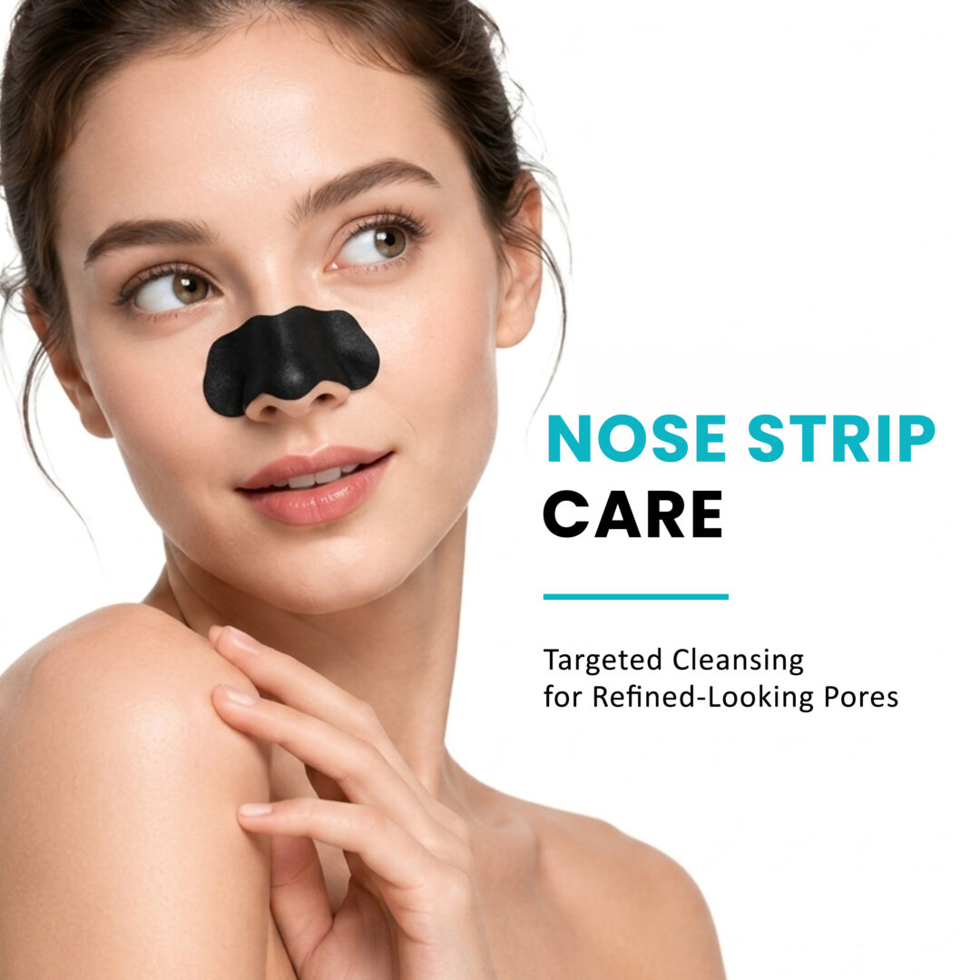 Woman wearing a black nose pore strip for targeted cleansing and refined-looking pores