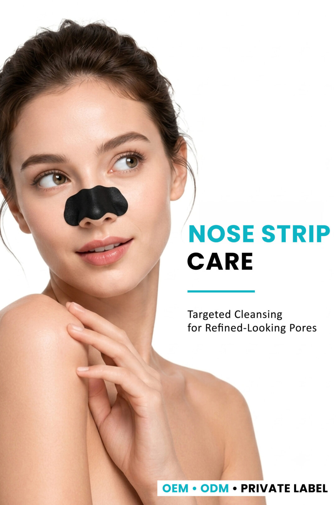 Woman wearing a black nose pore strip for targeted cleansing and refined-looking pores