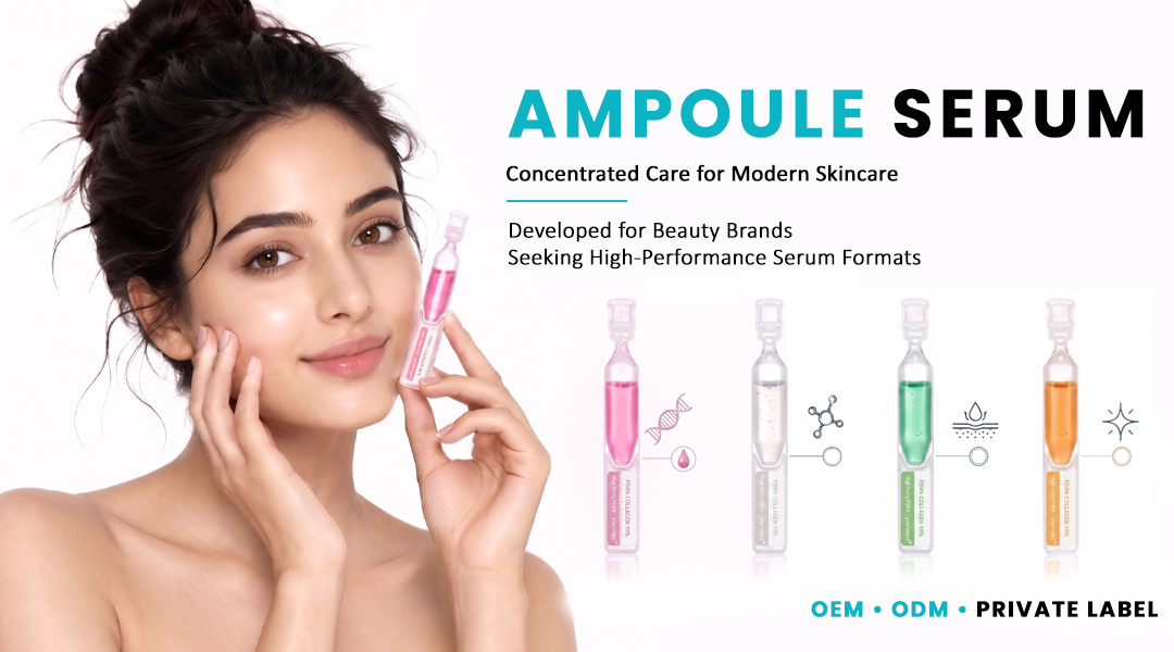 Woman holding a pink ampoule serum for private label skincare manufacturing