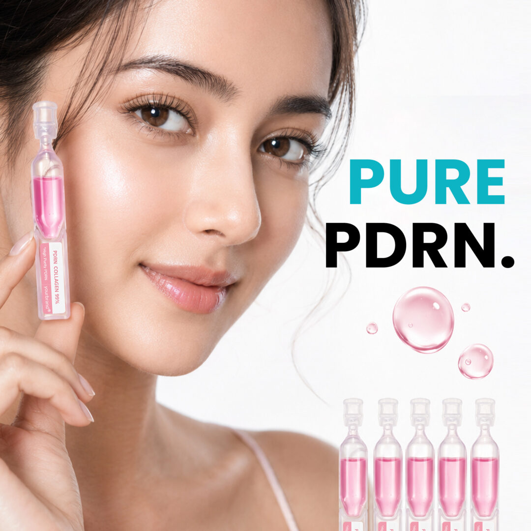 Model holding a pink PDRN collagen ampoule serum for OEM, ODM and private label skincare manufacturing