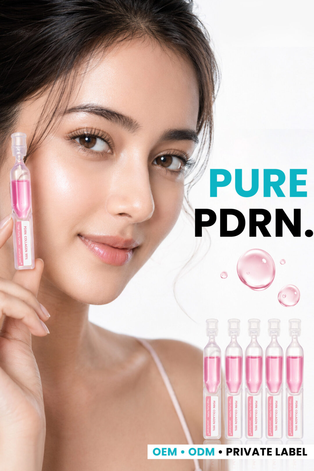 Model holding a pink PDRN collagen ampoule serum for OEM, ODM and private label skincare manufacturing