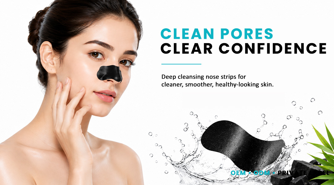 Woman wearing a black nose pore strip for deep cleansing and cleaner-looking pores by ALLMASK
