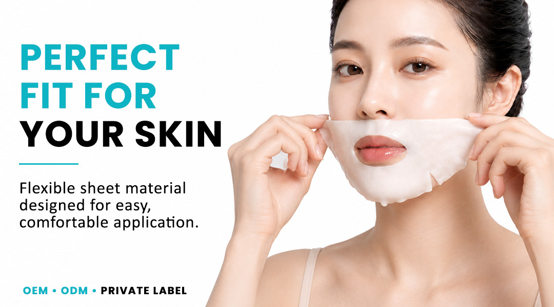 Woman applying a transparent facial sheet mask designed for a flexible and comfortable fit