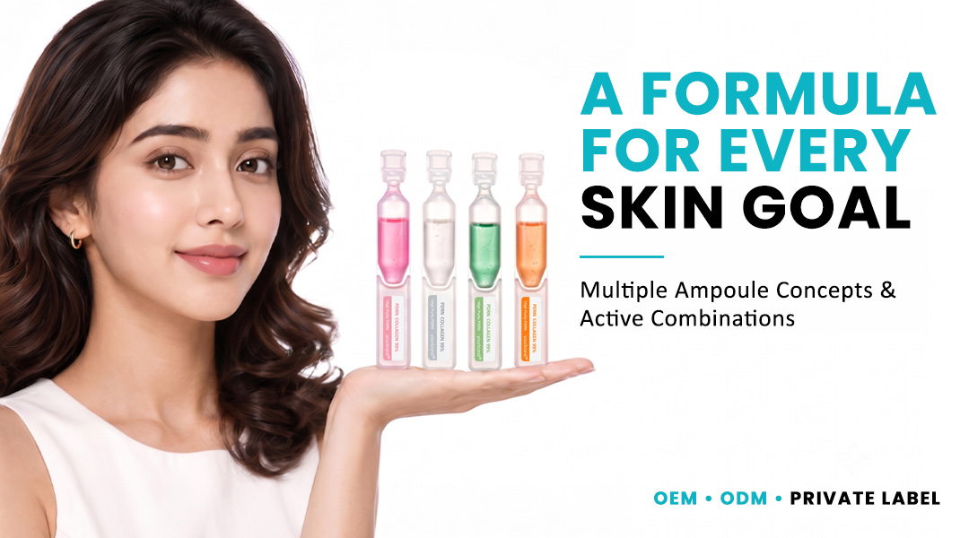 Woman presenting multiple ampoule serum formulas for different skincare goals