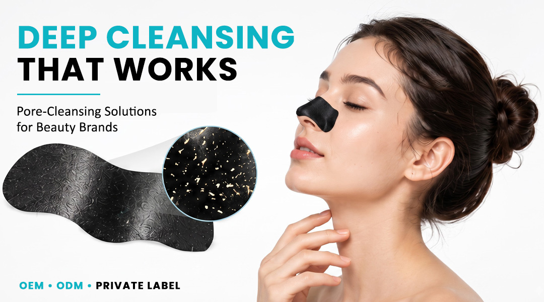 Black nose pore strip showing extracted impurities beside a woman wearing a nose strip