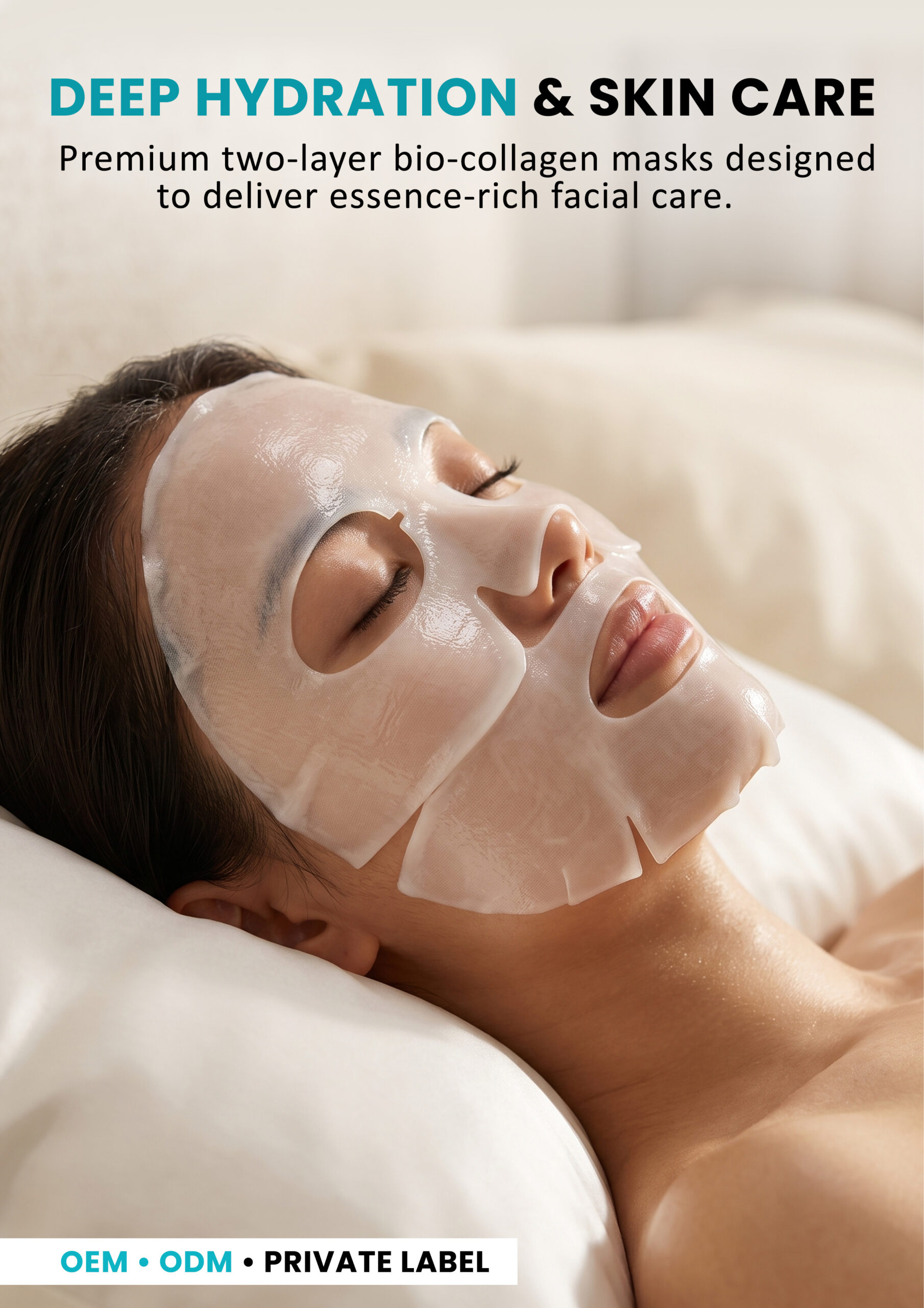 Deep Hydration Bio-Collagen Facial Sheet Mask Deep hydration bio-collagen facial sheet mask applied to skin for premium essence-rich skincare treatment