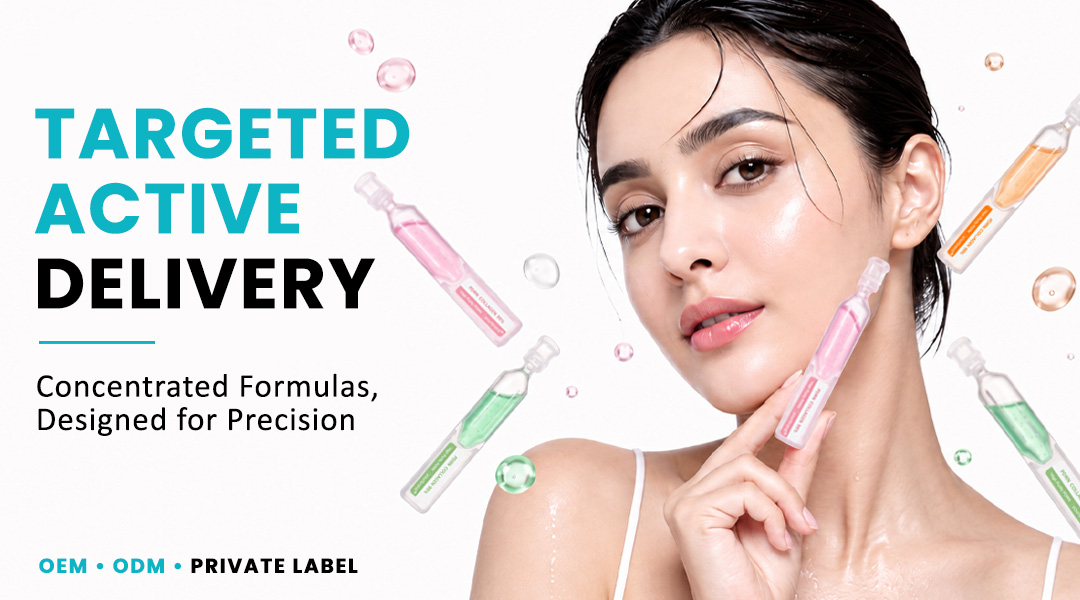 Woman surrounded by colorful ampoule serums representing targeted active skincare delivery