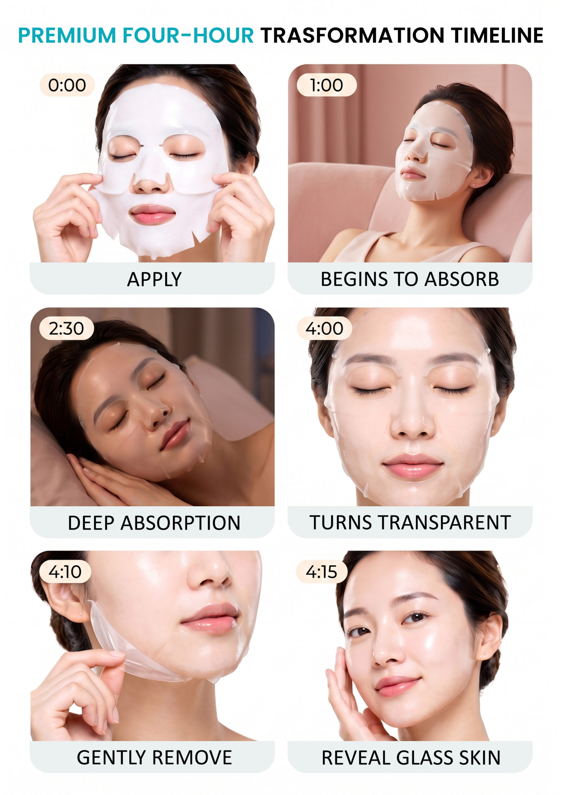 Bio-Collagen Mask Four-Hour Transformation Timeline Bio-collagen facial sheet mask four-hour skincare transformation timeline from application to transparent mask and glowing skin