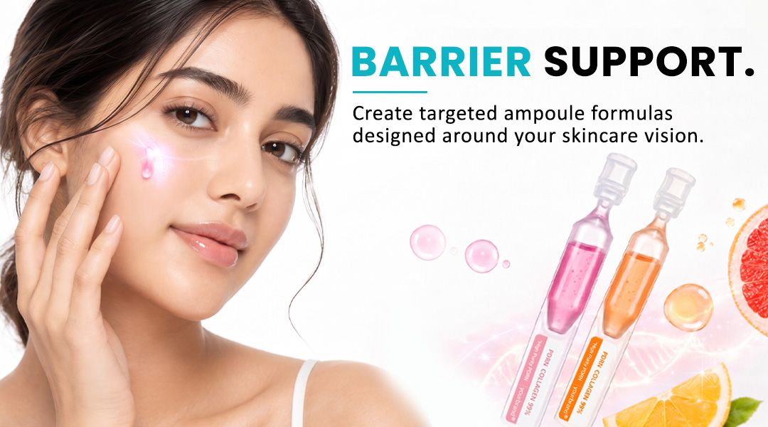 Woman with glowing skin beside colorful ampoule serums for targeted skincare support