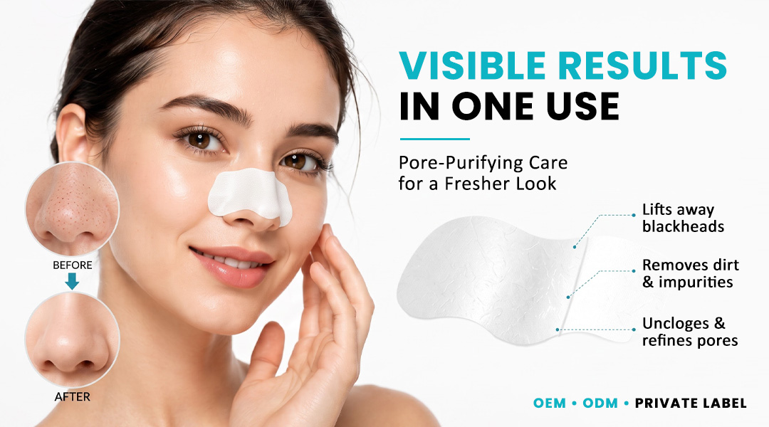 Woman wearing a white nose strip with before and after pore cleansing results and skincare benefits