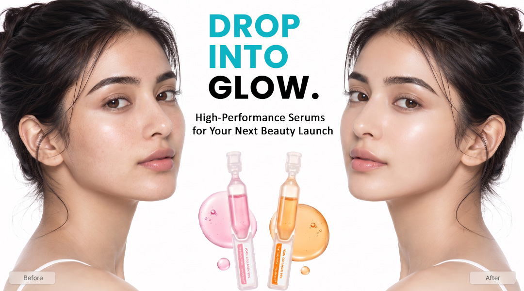 Before and after skincare visual showing glowing skin with pink and orange ampoule serums