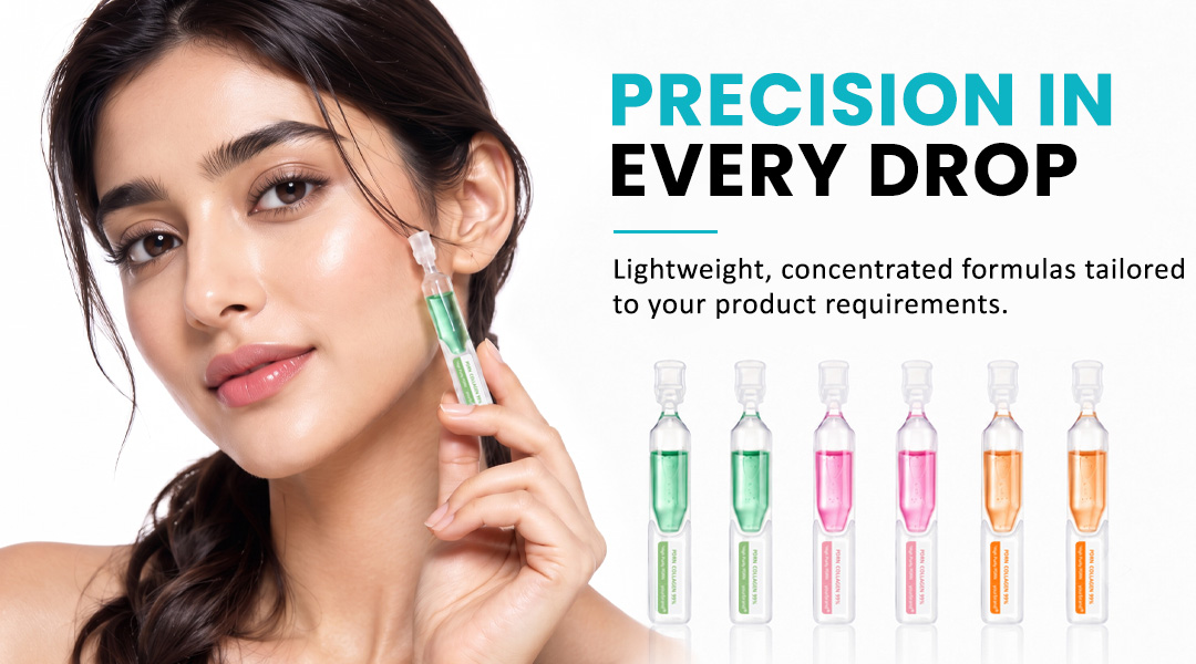 Woman holding a green ampoule serum beside multiple colorful precision skincare ampoules