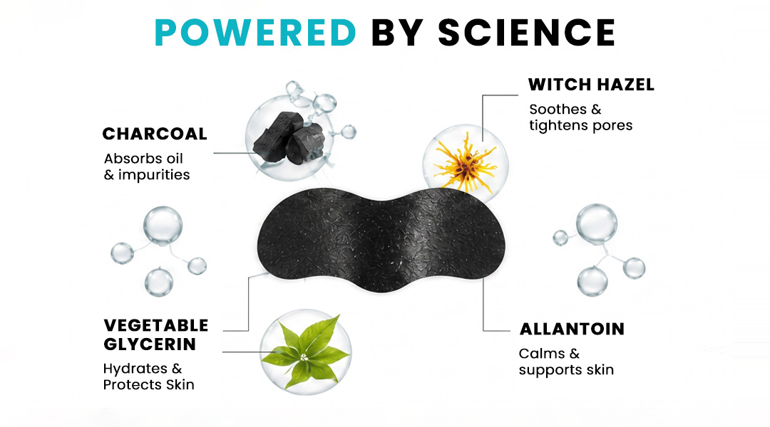 Black nose pore strip with charcoal, witch hazel, vegetable glycerin and allantoin ingredient benefits